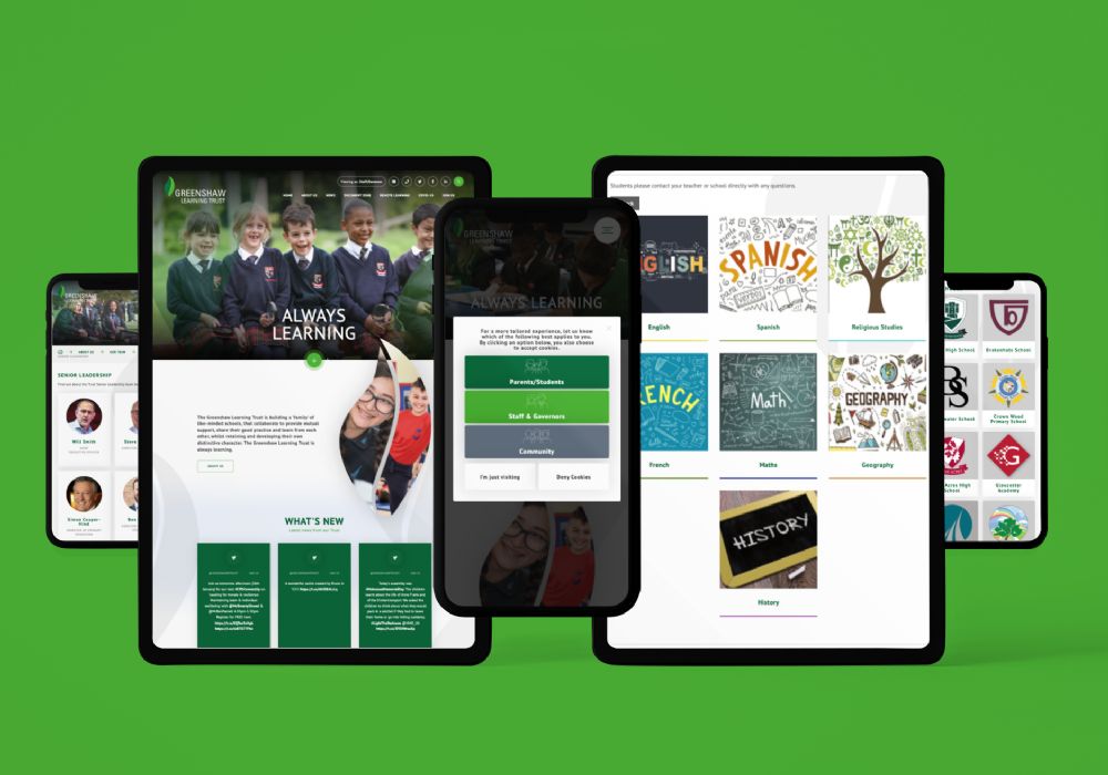 Greenshaw website on tablets and phones inc staff page and remote learning screenshots